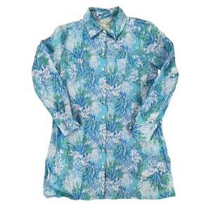 Lilly Pulitzer Linen Coral Print Button Down Shirt Dress XS‎ Blue Green